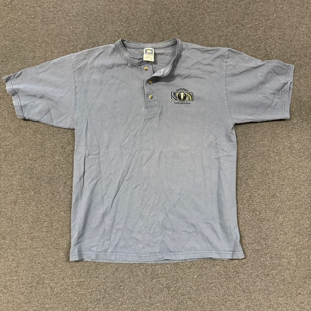 90s Cotton Deluxe Henley T-Shirt Mens Large Blue Good Durango Colorado Souvenir